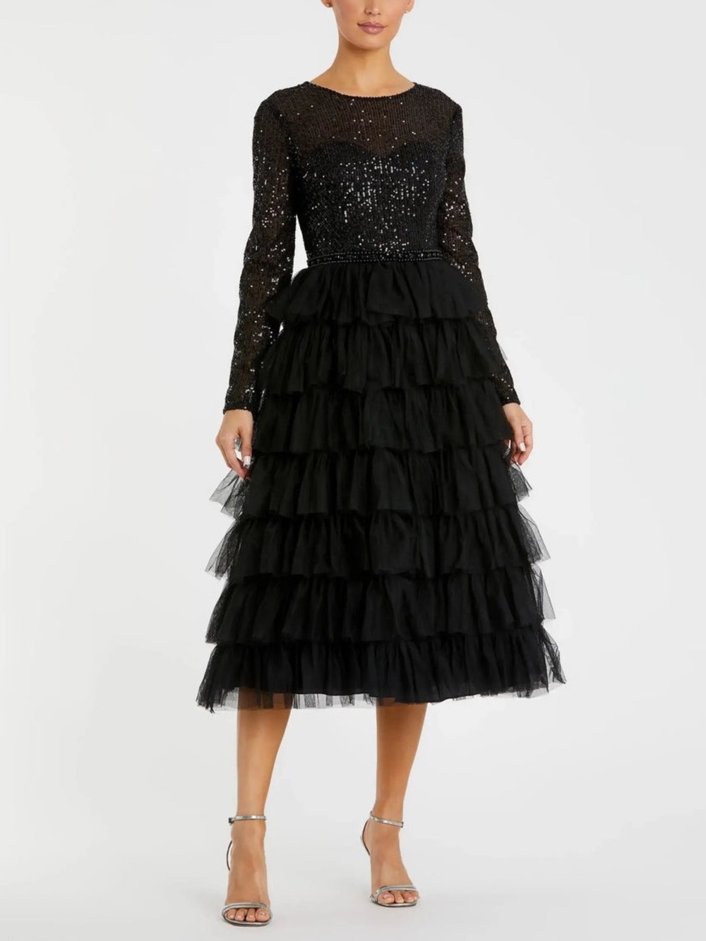 Ieena for Mac Duggal Black Long Sleeve Ruffle Tiered Midi Dress 26299 NWT Size 8